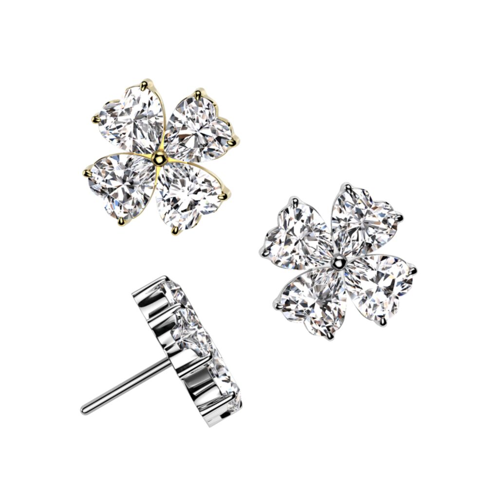 Implant Grade Titanium Threadless Push In Prong Set Heart CZ Shamrock Top