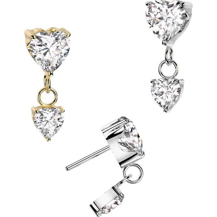 Implant Grade Titanium Threadless Push In Prong Set Heart CZ Top With Prong Set Heart CZ Dangle