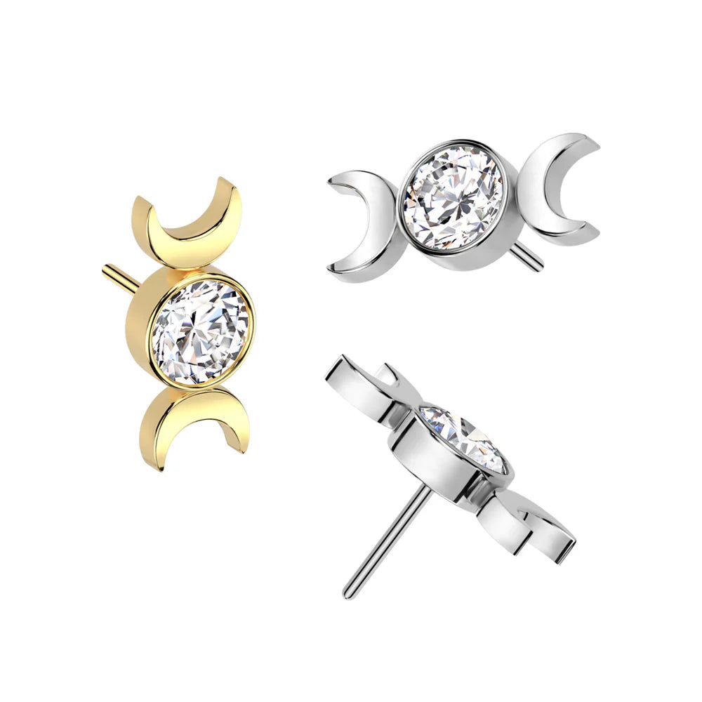 Implant Grade Titanium Threadless Push In Round Bezel Set CZ Top With Double Crescent Moon