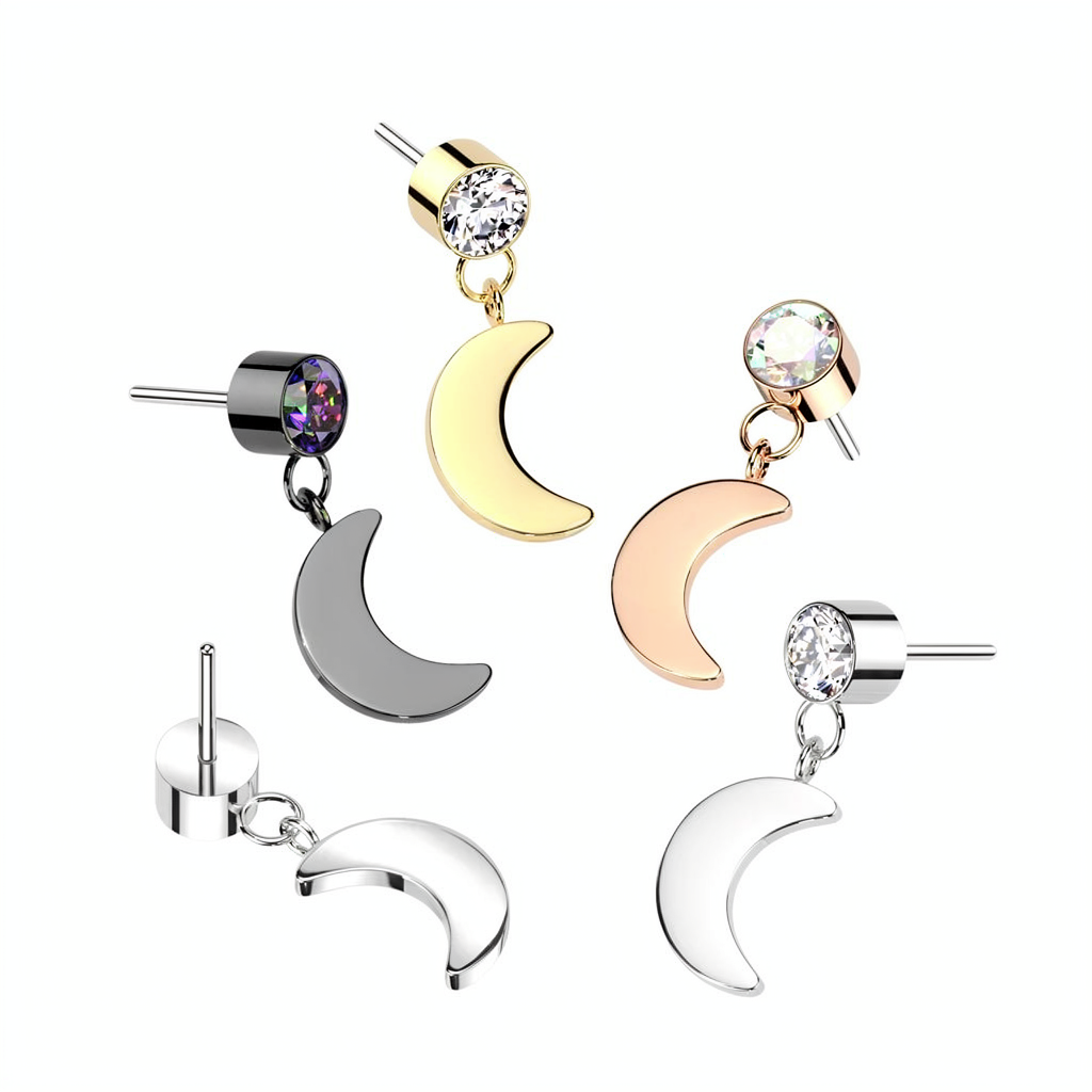 Implant Grade Titanium Threadless Push In Round Bezel Set CZ With Crescent Moon Dangle Top