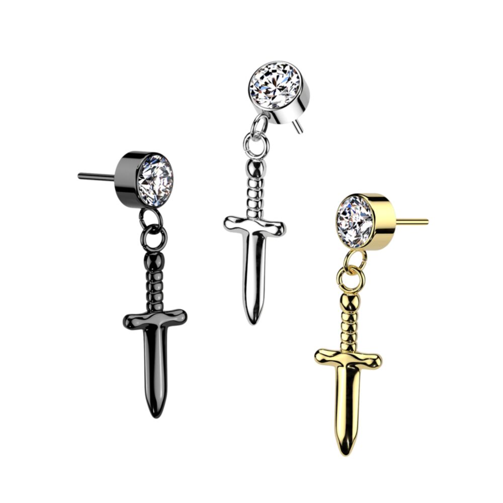 Implant Grade Titanium Threadless Push In Round Bezel Set CZ With Dagger Dangle Top