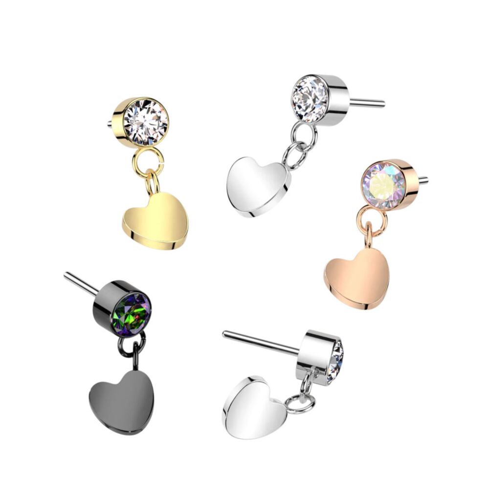 Implant Grade Titanium Threadless Push In Round Bezel Set CZ With Heart Dangle Top