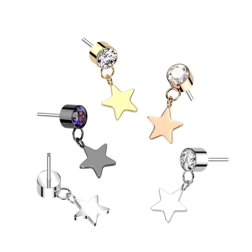 Implant Grade Titanium Threadless Push In Round Bezel Set CZ With Star Dangle Top