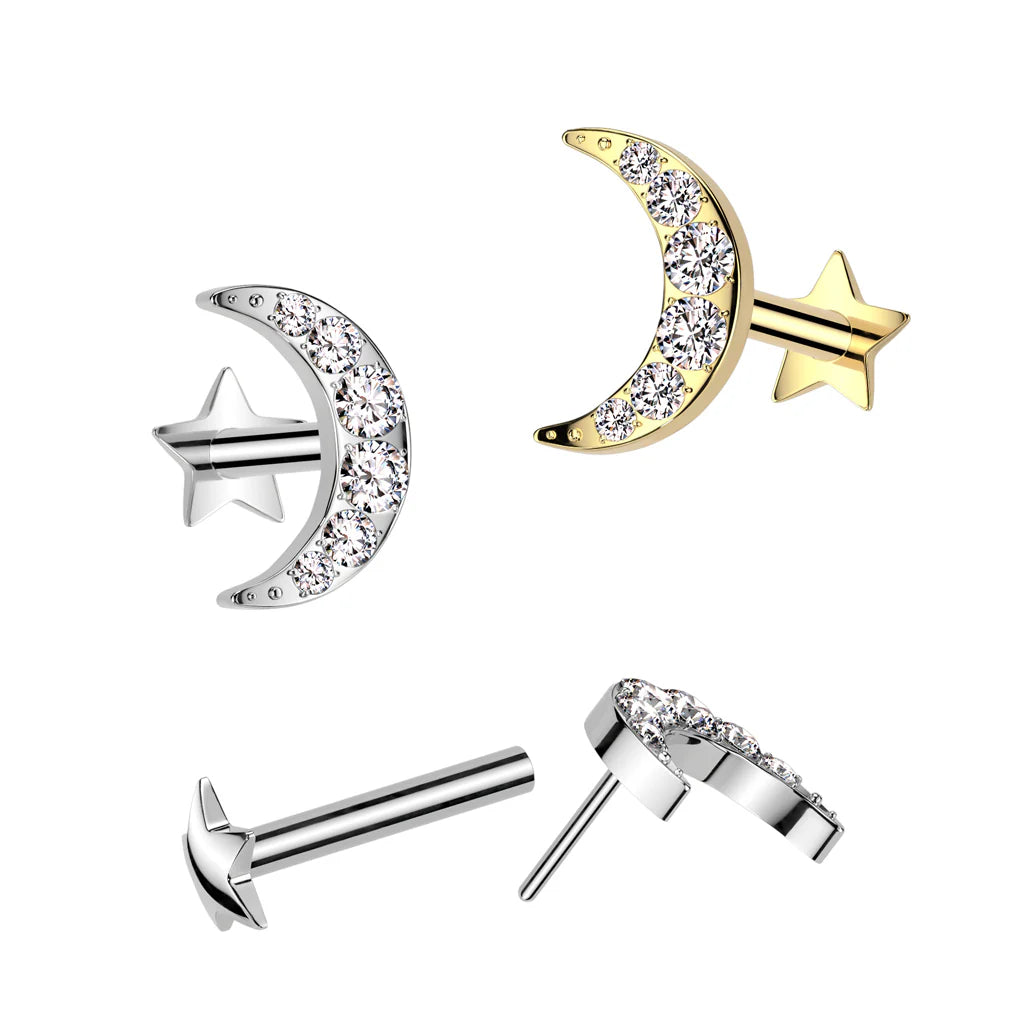 Implant Grade Titanium Threadless Push In Star Base Labret With 6 CNC Set CZ Crescent Moon Top