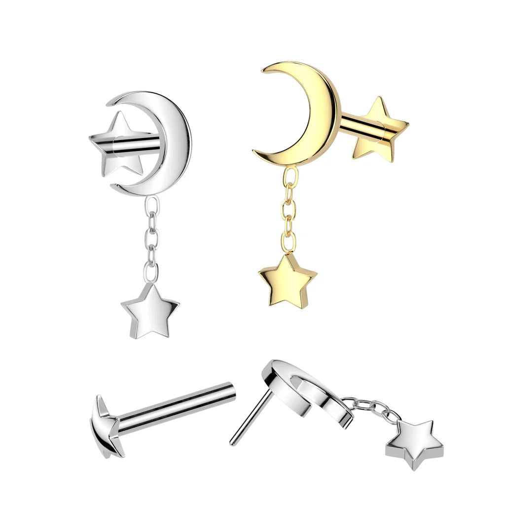 Implant Grade Titanium Threadless Push In Star Base Labret With Crescent Moon Top and Star Dangle