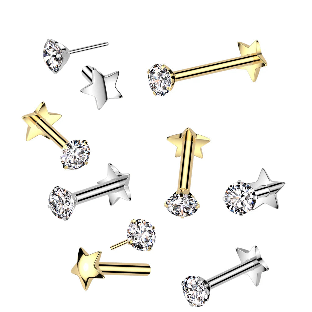 Implant Grade Titanium Threadless Push In Star Base Labret With Prong Set CZ Top