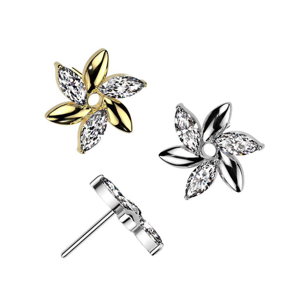 Implant Grade Titanium Threadless Push In Swirl Flower With Marquise CZ Top