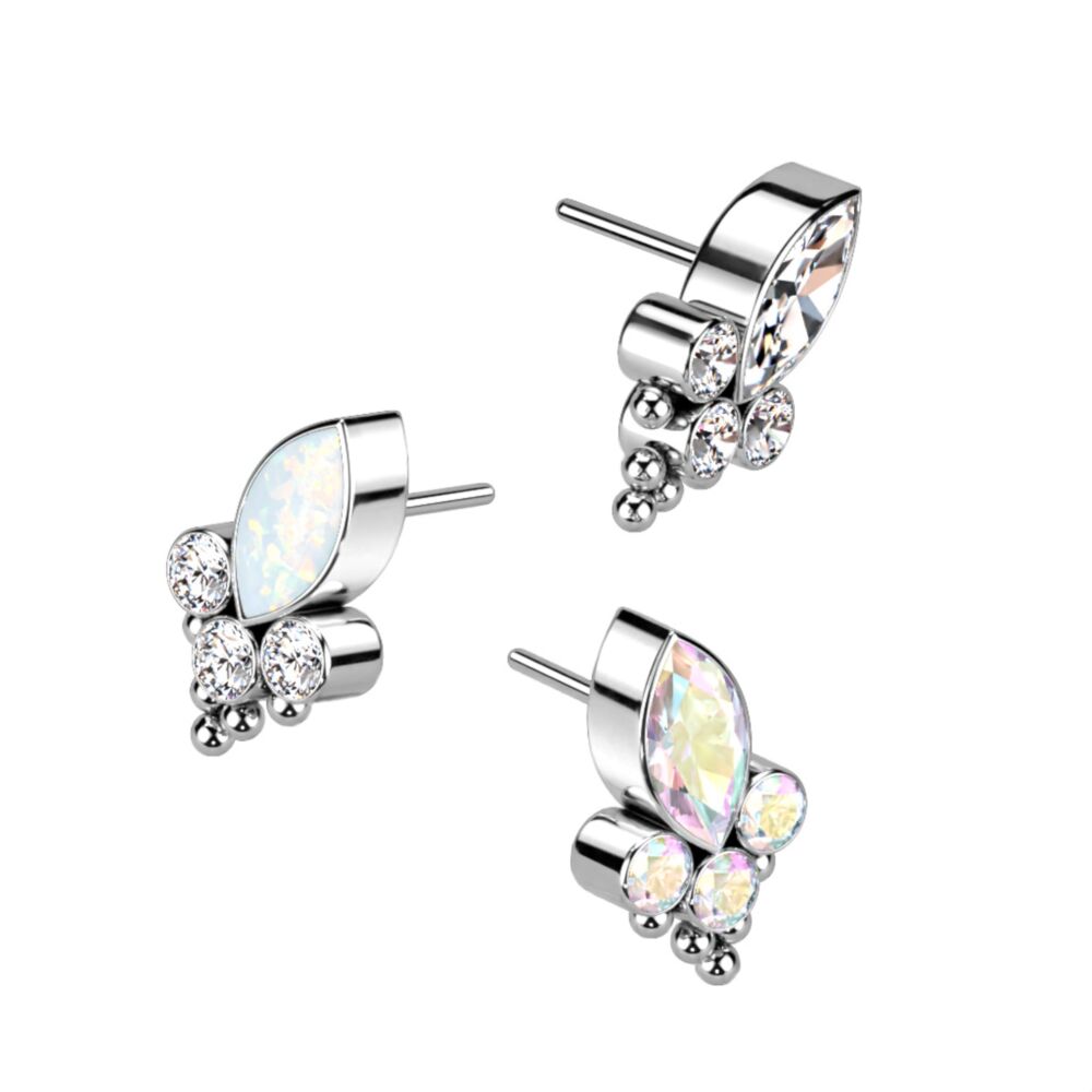 Implant Grade Titanium Threadless Push In Top With Marquise CZ or Opal and Round CZ and Balls