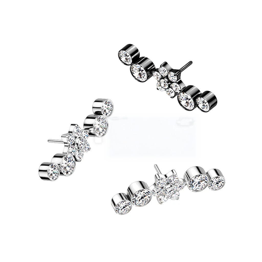 Implant Grade Titanium Threadless Push In Top With Opal or CZ Flower Center and Double Bezel Set CZs on Each Side