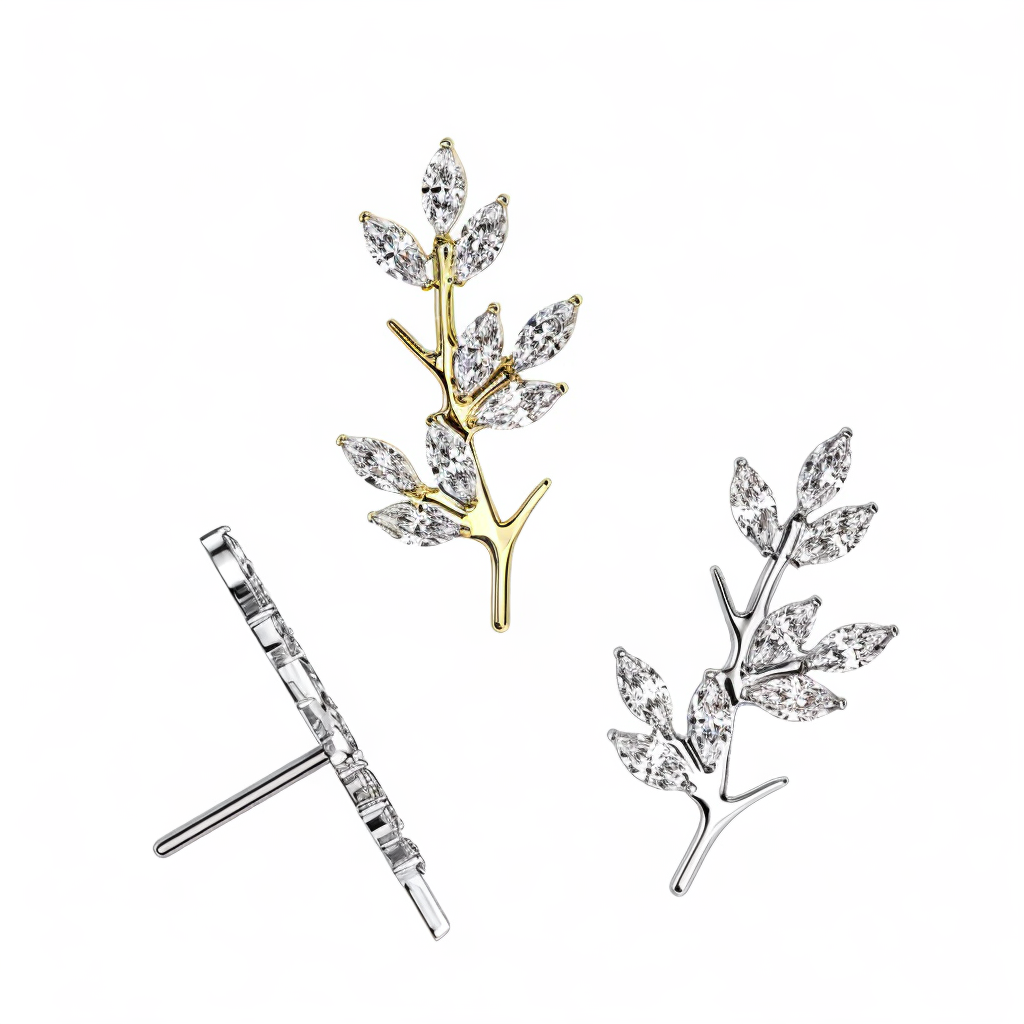 Implant Grade Titanium Threadless Push In Vine With Marquise CZ Leaves Top