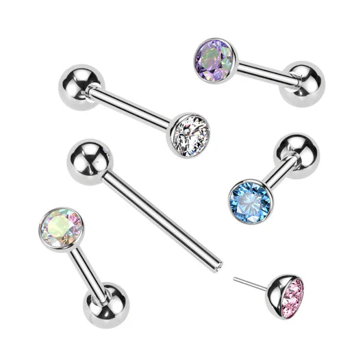 Implant Grade Titanium Threadless Push in Barbell With Bezel Set CZ Top