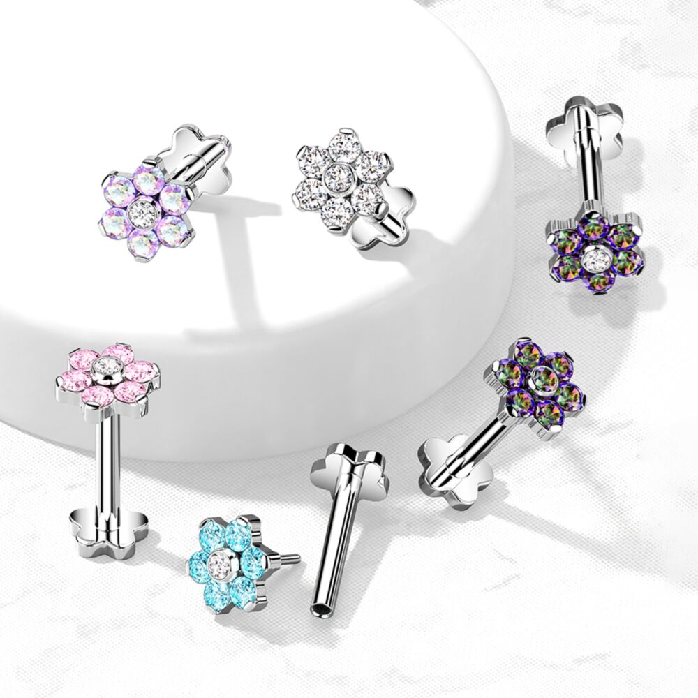 Implant Grade Titanium Threadless Push in Flower Base Labret With CZ Flower Top