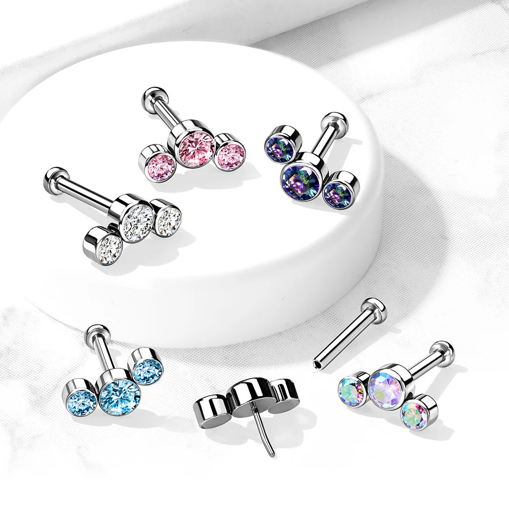 Implant Grade Titanium Threadless Push in Labret With 3 Round Bezel Set CZ Curved Top