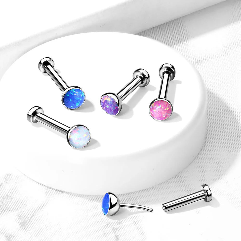 Implant Grade Titanium Threadless Push in Labret With Bezel Set Opal Ball Top
