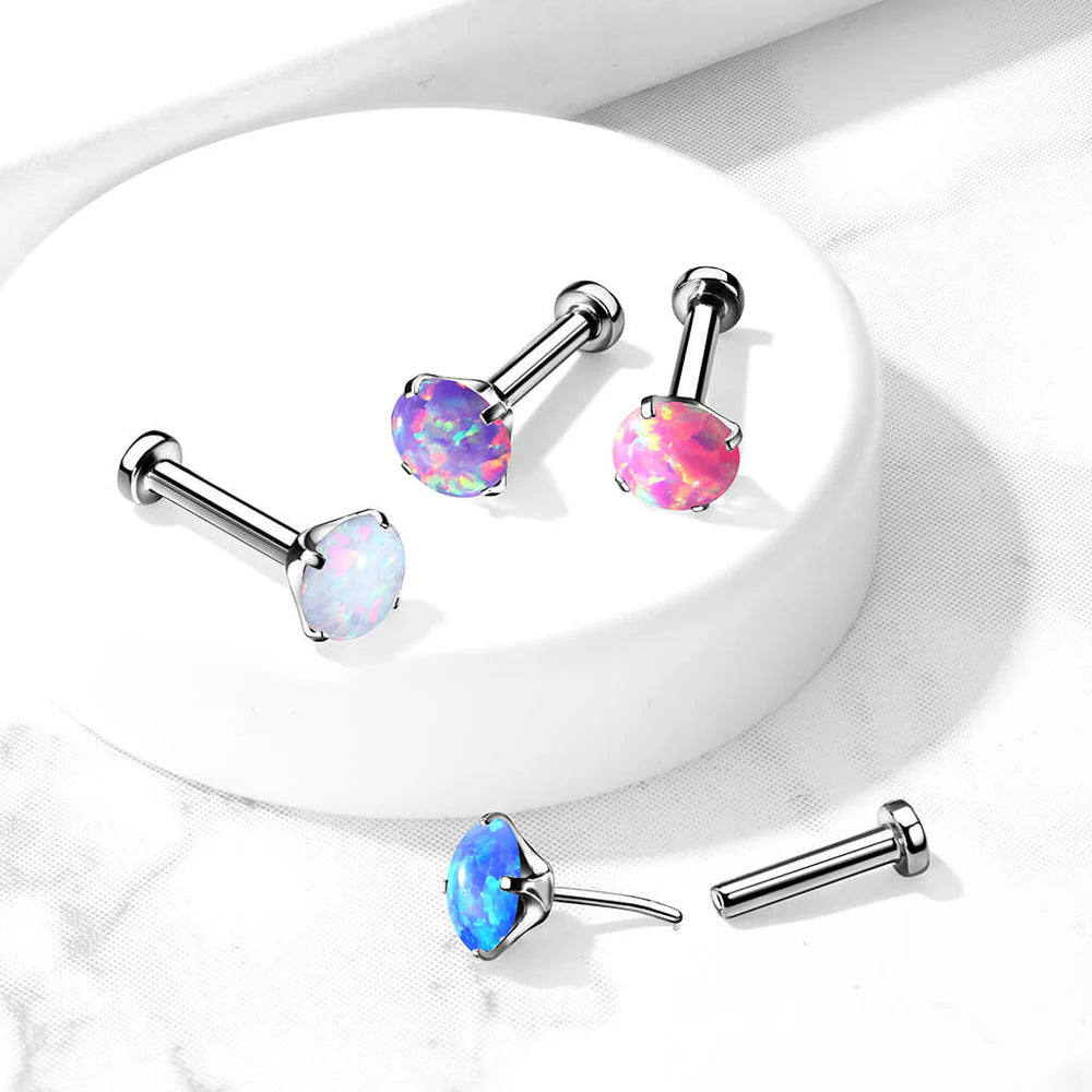 Implant Grade Titanium Threadless Push in Labret With Prong Set Opal Top