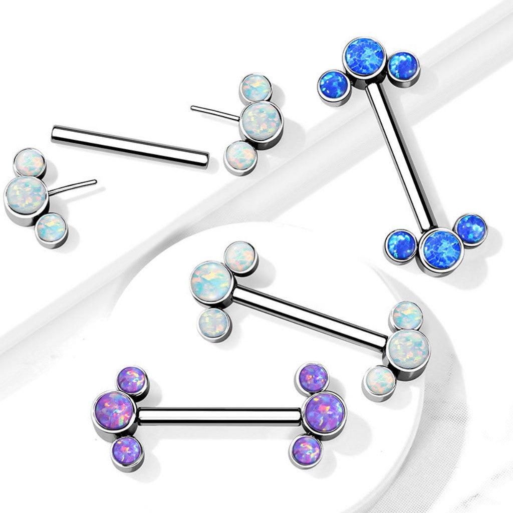 Implant Grade Titanium Threadless Push in Nipple Barbell With 3 Bezel Set Opal Ends