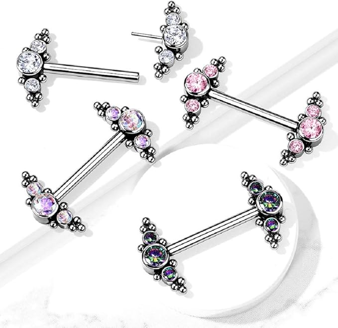 Implant Grade Titanium Threadless Push in Nipple Barbell With CZ and Ball Cluster Ends