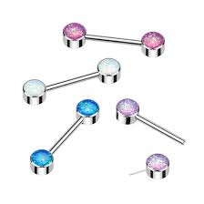 Implant Grade Titanium Threadless Push in Nipple Barbell With Forward Facing Bezel Set Opal Flat Ends