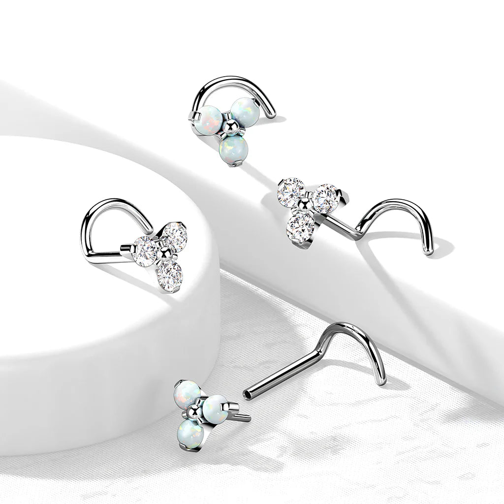 Implant Grade Titanium Threadless Push in Nose Screw With Prong Set CZ or Opal Trinity Top