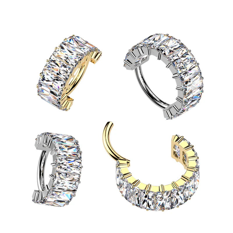 Implant Grade Titanium Wide Hinged Segment Hoop Ring With Large Baguette CZ's