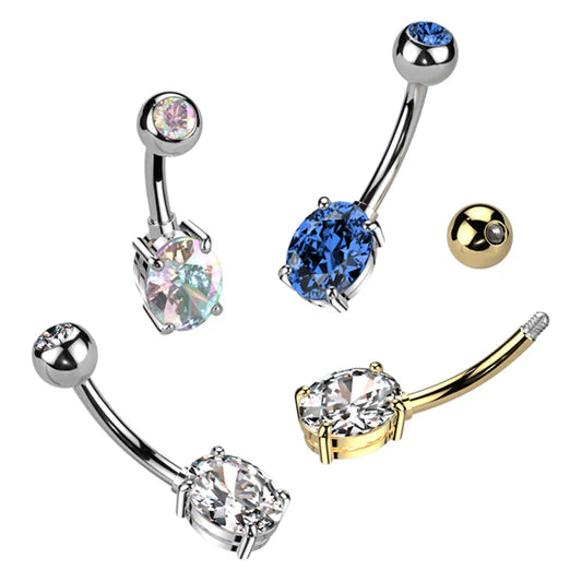 Implant Grade Titanium With Pressed Fit CZ Top and Oval Brass Prong Set CZ Belly Button Ring