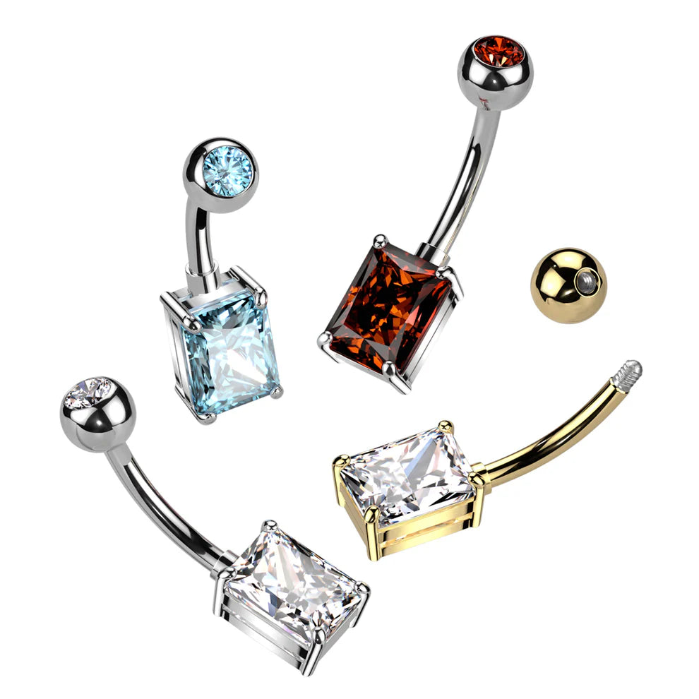 Implant Grade Titanium With Pressed Fit CZ Top and Rectangle Brass Prong Set CZ Belly Button Ring