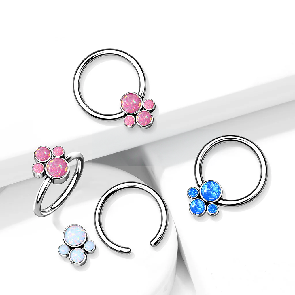Implant Grade Titanium Captive Bead Rings With Bezel Set 4 Opal Cluster
