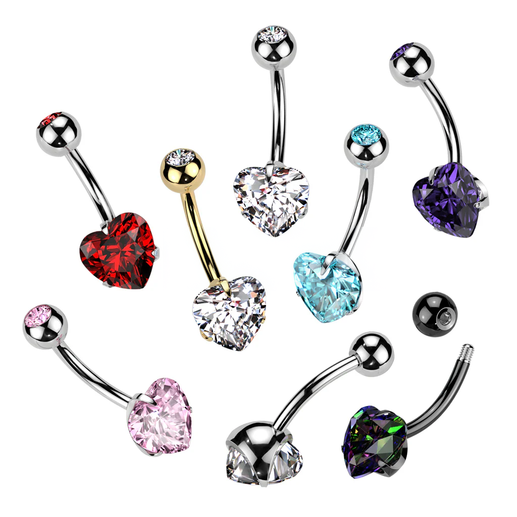 Implant Grade Titanium Externally Threaded Double Jewel Prong Set Heart CZ Belly Button Ring