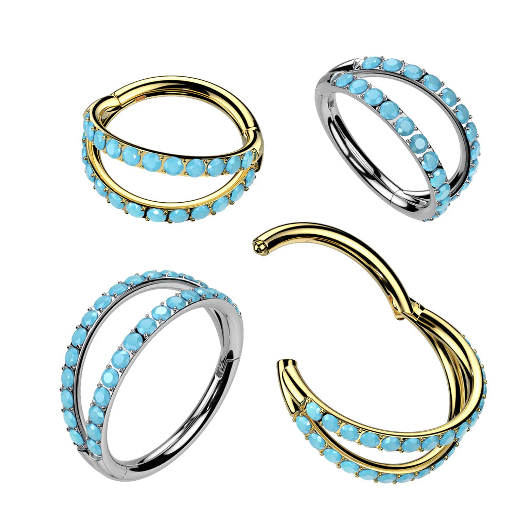 Implant Grade Titanium Hinged Segment Double Hoop Ring With Outward Facing Pave Turquoise