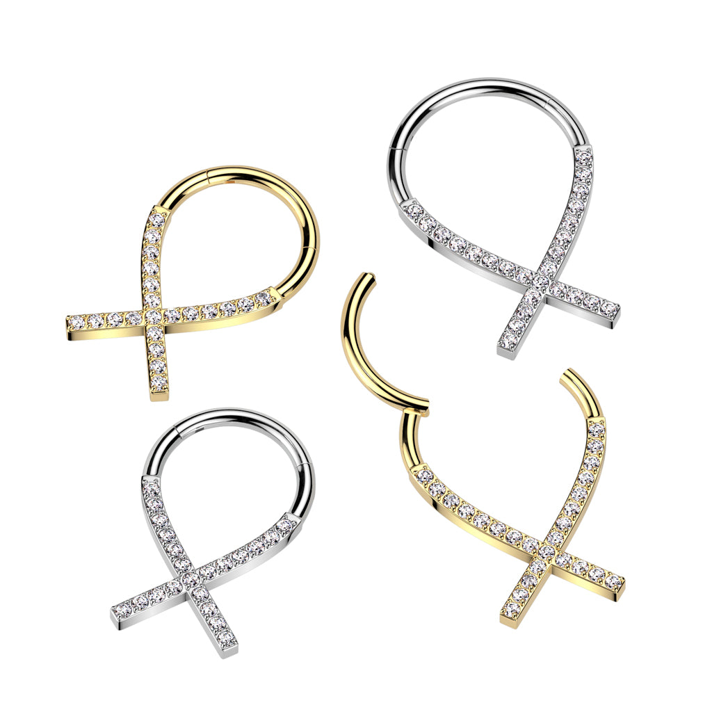 Implant Grade Titanium Hinged Segment Hoop Ring Cancer Ribbon Lined With CZ