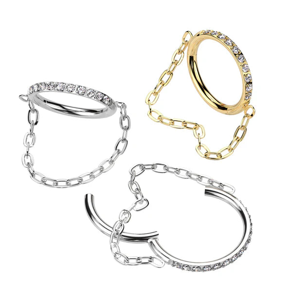 Implant Grade Titanium Hinged Segment Hoop Ring Lined With Outward Facing Pave CZ and Chain Link