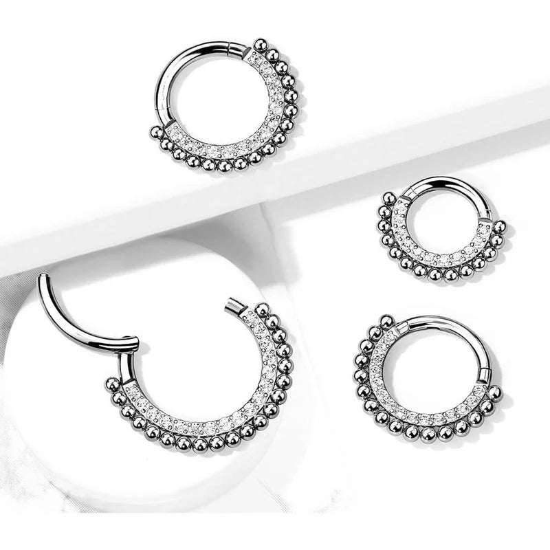Implant Grade Titanium Hinged Segment Hoop Ring Lined With Pave CZs and Beads
