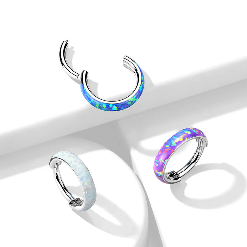 Implant Grade Titanium Hinged Segment Hoop Ring Lined With Wide Outward Facing Opal