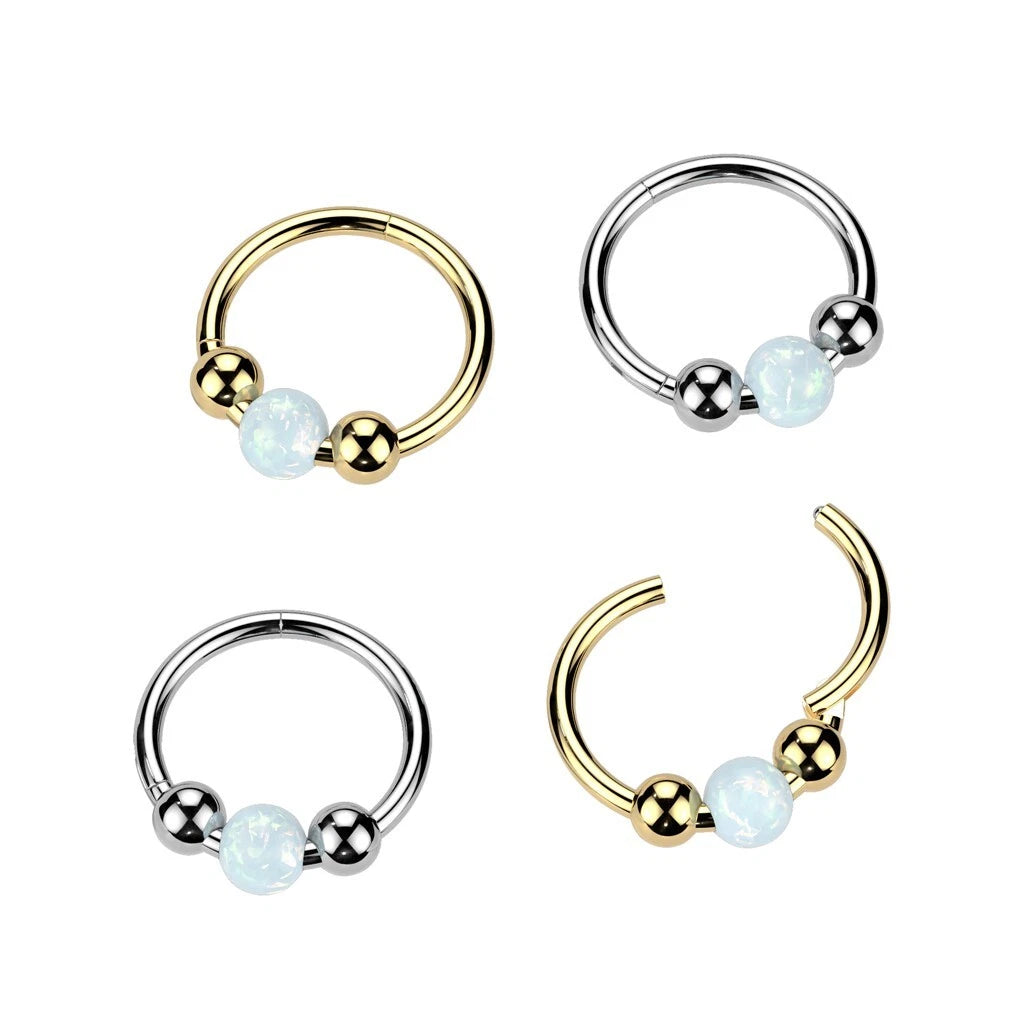 Implant Grade Titanium Hinged Segment Hoop Ring Opal Ball Centered 18ga Nose, Ear Hoops