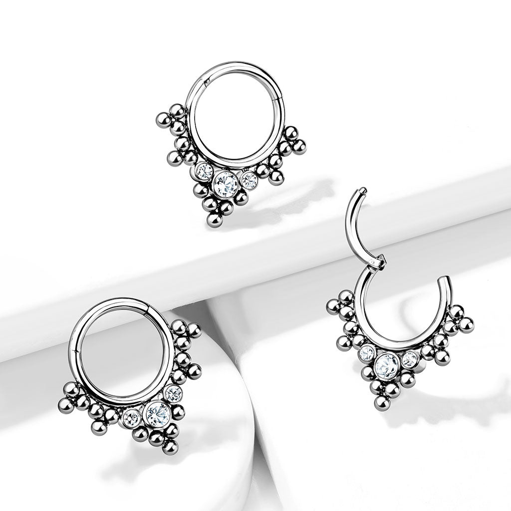 Implant Grade Titanium Hinged Segment Hoop Ring With 3 Bezel Set Crystals and Clustered Tribal Beads