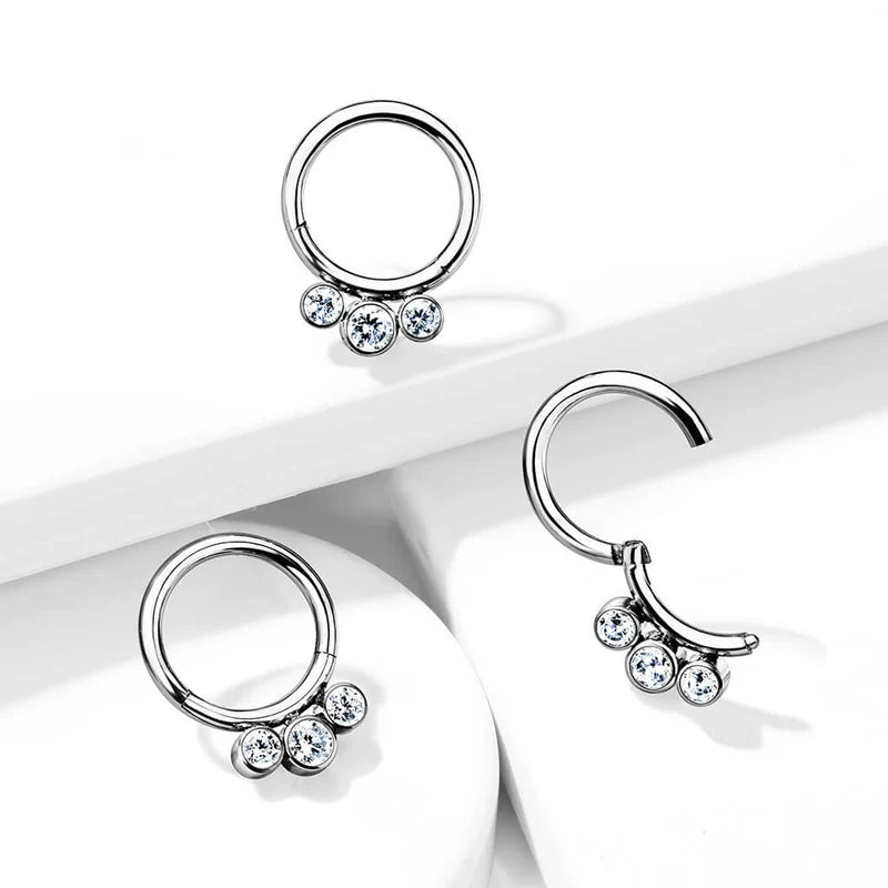 Implant Grade Titanium Hinged Segment Hoop Ring With 3 Bezel Set Forward Facing Crystals