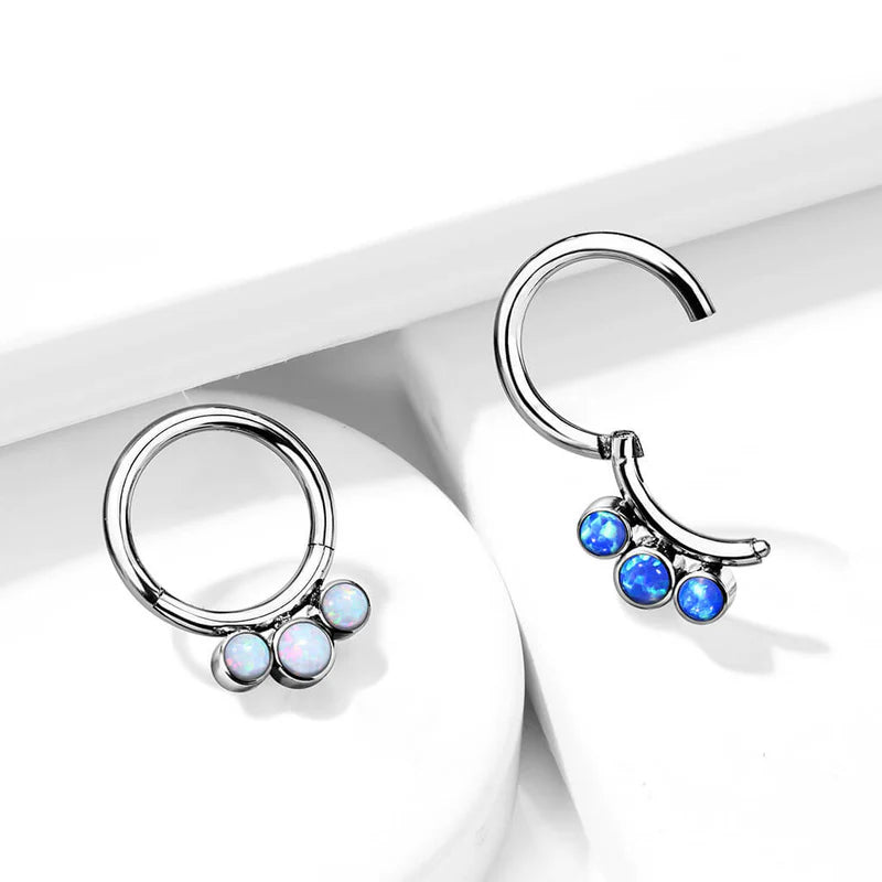 Implant Grade Titanium Hinged Segment Hoop Ring With 3 Bezel Set Forward Facing Opals