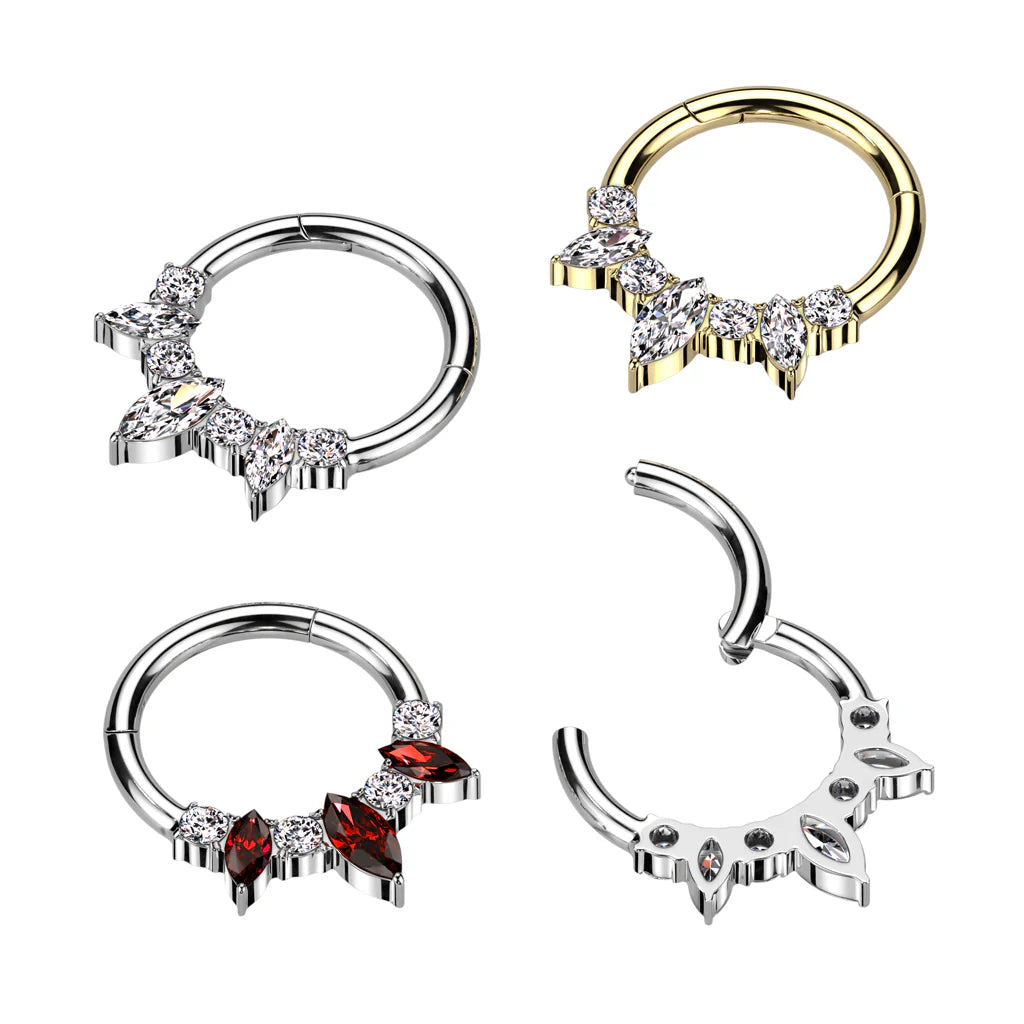 Implant Grade Titanium Hinged Segment Hoop Ring With 3 Marquise and 4 Round CZ
