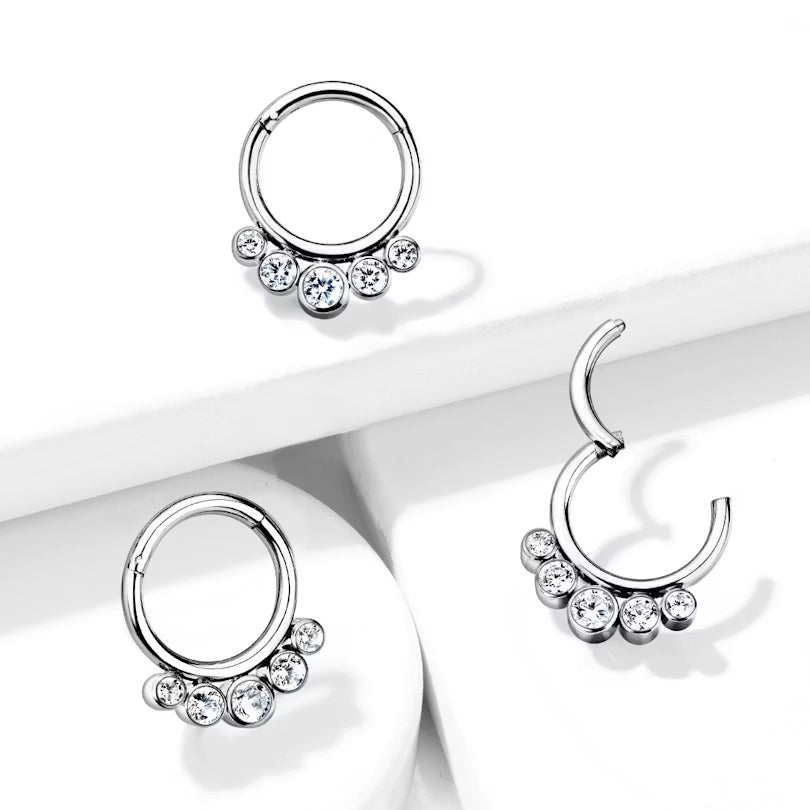 Implant Grade Titanium Hinged Segment Hoop Ring With 5 Bezel Set Forward Facing Crystals