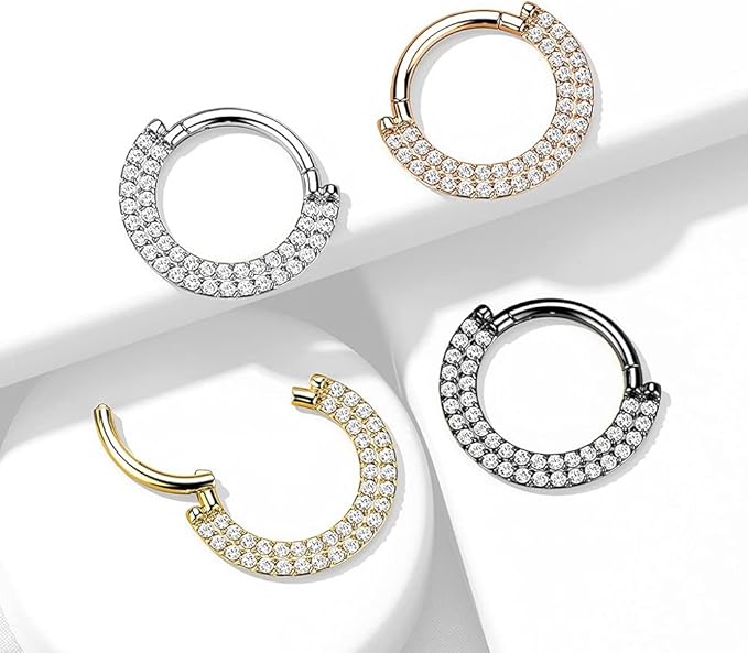 Implant Grade Titanium Hinged Segment Hoop Ring With CNC Set CZ Pave Double Lined Front