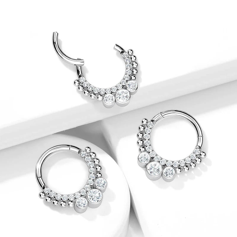Implant Grade Titanium Hinged Segment Hoop Ring With CNC Set Pave CZ Lined Front and 3 Bezel Set CZs