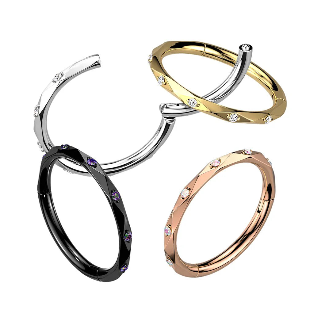 Implant Grade Titanium Hinged Segment Hoop Ring With CZ Accented Diamond Faceted Cuts