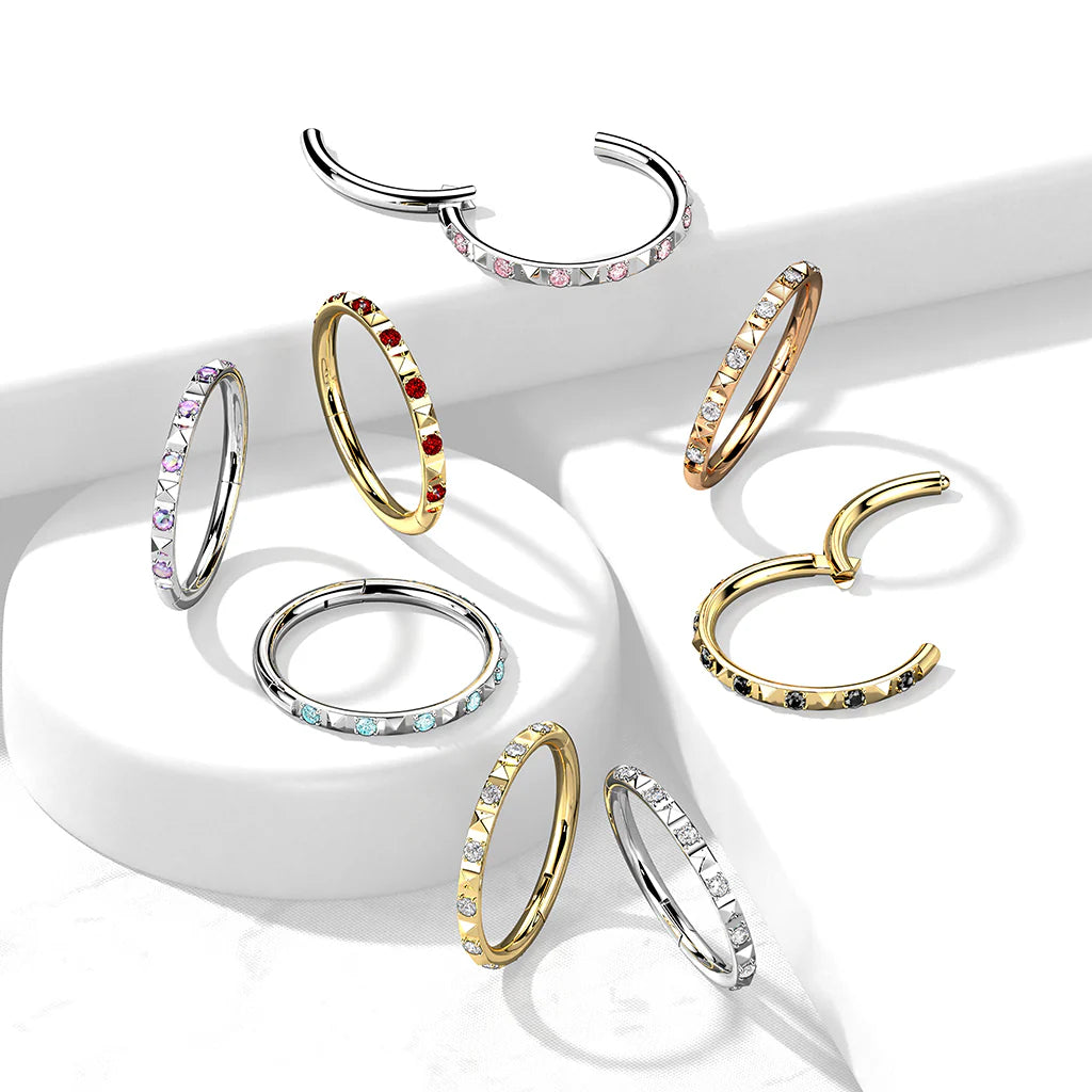 Implant Grade Titanium Hinged Segment Hoop Ring With CZ Between Pyramid Cut Studs