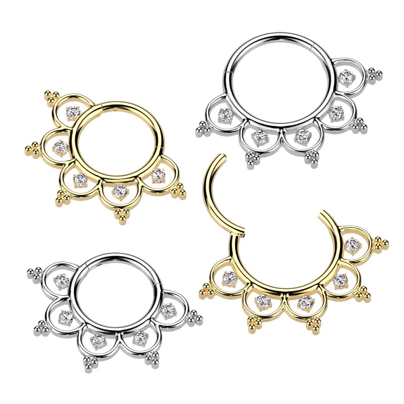 Implant Grade Titanium Hinged Segment Hoop Ring With CZ Filigree
