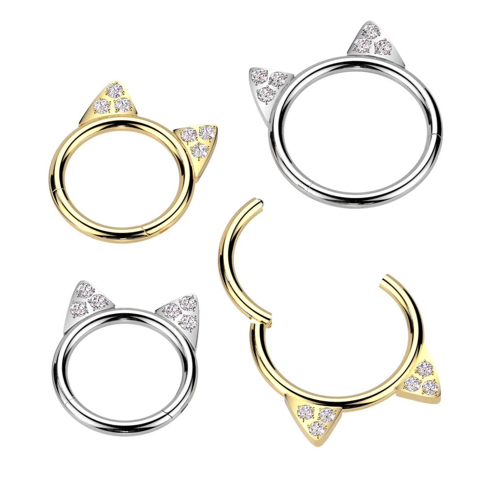 Implant Grade Titanium Hinged Segment Hoop Ring With CZ Paved Kitty Ears
