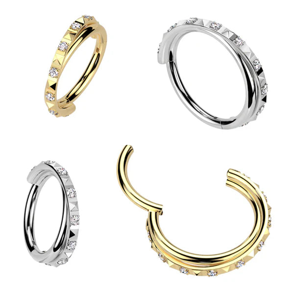 Implant Grade Titanium Hinged Segment Hoop Ring With Criss-Cross CNC CZ Paved In Between Pyramid Cuts