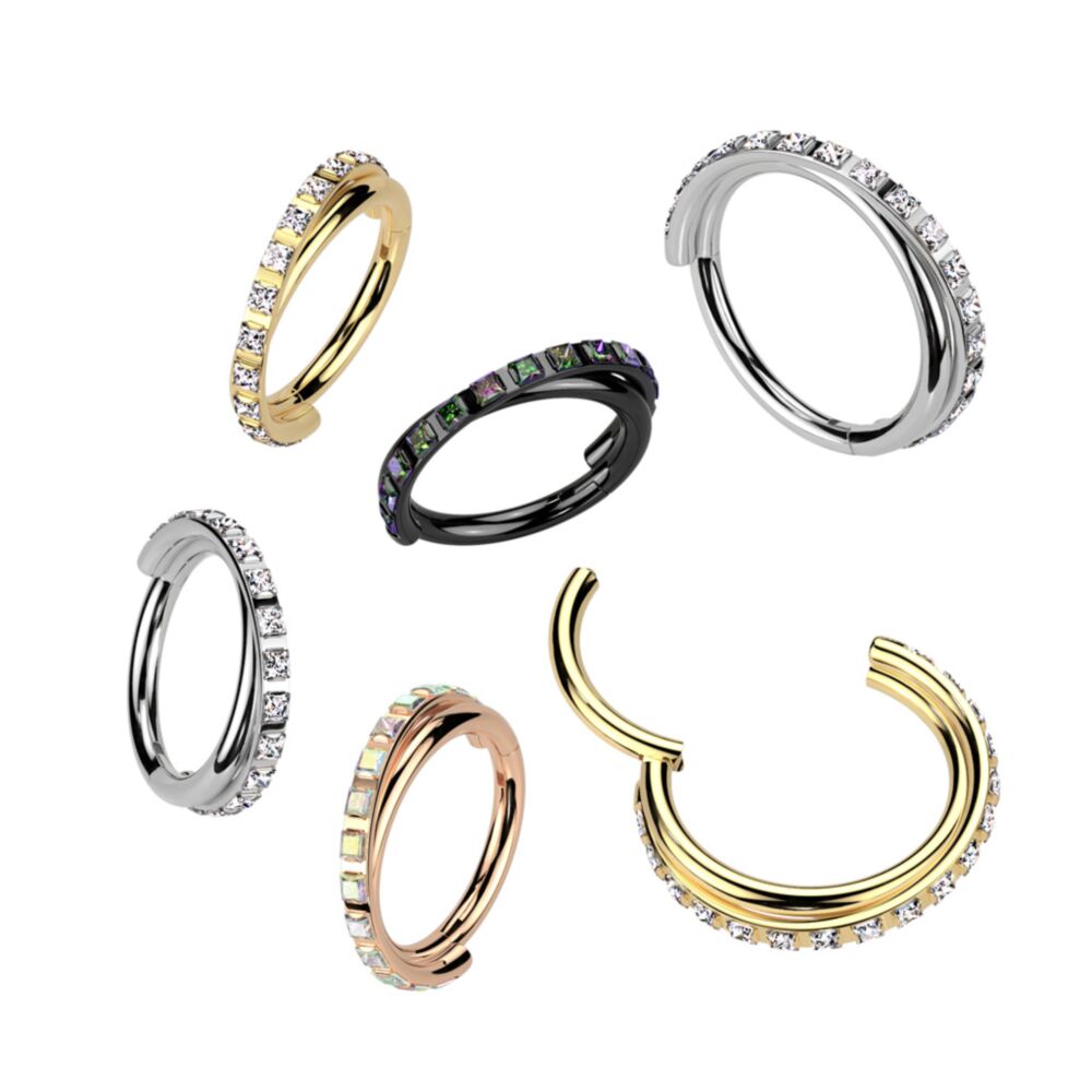 Implant Grade Titanium Hinged Segment Hoop Ring With Criss-Cross CNC Square CZ Paved Line