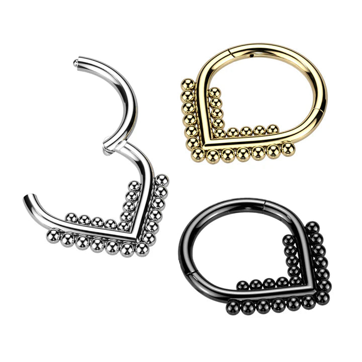 Implant Grade Titanium Hinged Segment Hoop Ring With Double Beaded Ball Line Chevron
