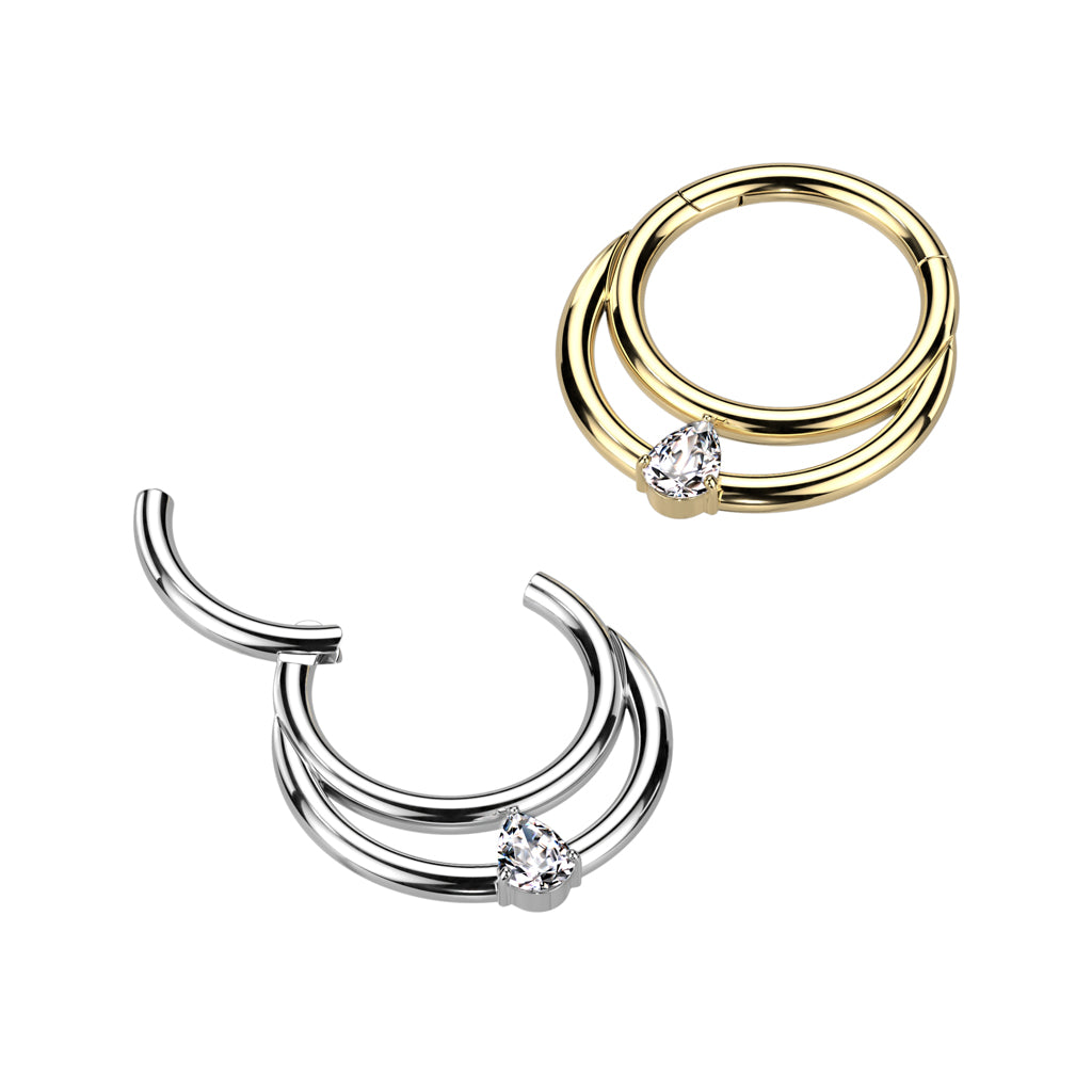 Implant Grade Titanium Hinged Segment Hoop Ring With Double Line and Tear Drop CZ Center