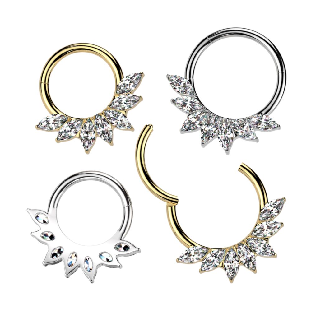 Implant Grade Titanium Hinged Segment Hoop Ring With Forward Facing 7 Marquise CZ Fan